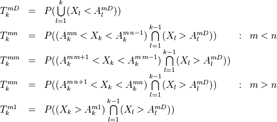 
\begin{array}{lllll}
T^{mD}_{k} & = & P( \bigcup\limits_{l=1}^{k} (X_l < A^{m D}_l)) & &   \\
T^{mn}_{k} & = & P( (A^{mn}_k < X_k  < A^{m \,n-1}_k) \bigcap\limits_{l=1}^{k-1} (X_l > A^{m D}_l) ) & : &  m<n   \\
T^{mm}_{k} & = & P( (A^{m\,m+1}_k < X_k  < A^{m\,m-1}_k) \bigcap\limits_{l=1}^{k-1} (X_l > A^{m D}_l) ) & &    \\
T^{mn}_{k} & = & P( (A^{m\,n+1}_k < X_k  < A^{mn}_k) \bigcap\limits_{l=1}^{k-1} (X_l > A^{m D}_l) ) & : &  m>n   \\
T^{m1}_{k} & = & P(  (X_k > A^{m1}_k) \bigcap\limits_{l=1}^{k-1} (X_l > A^{m D}_l))
\end{array}

